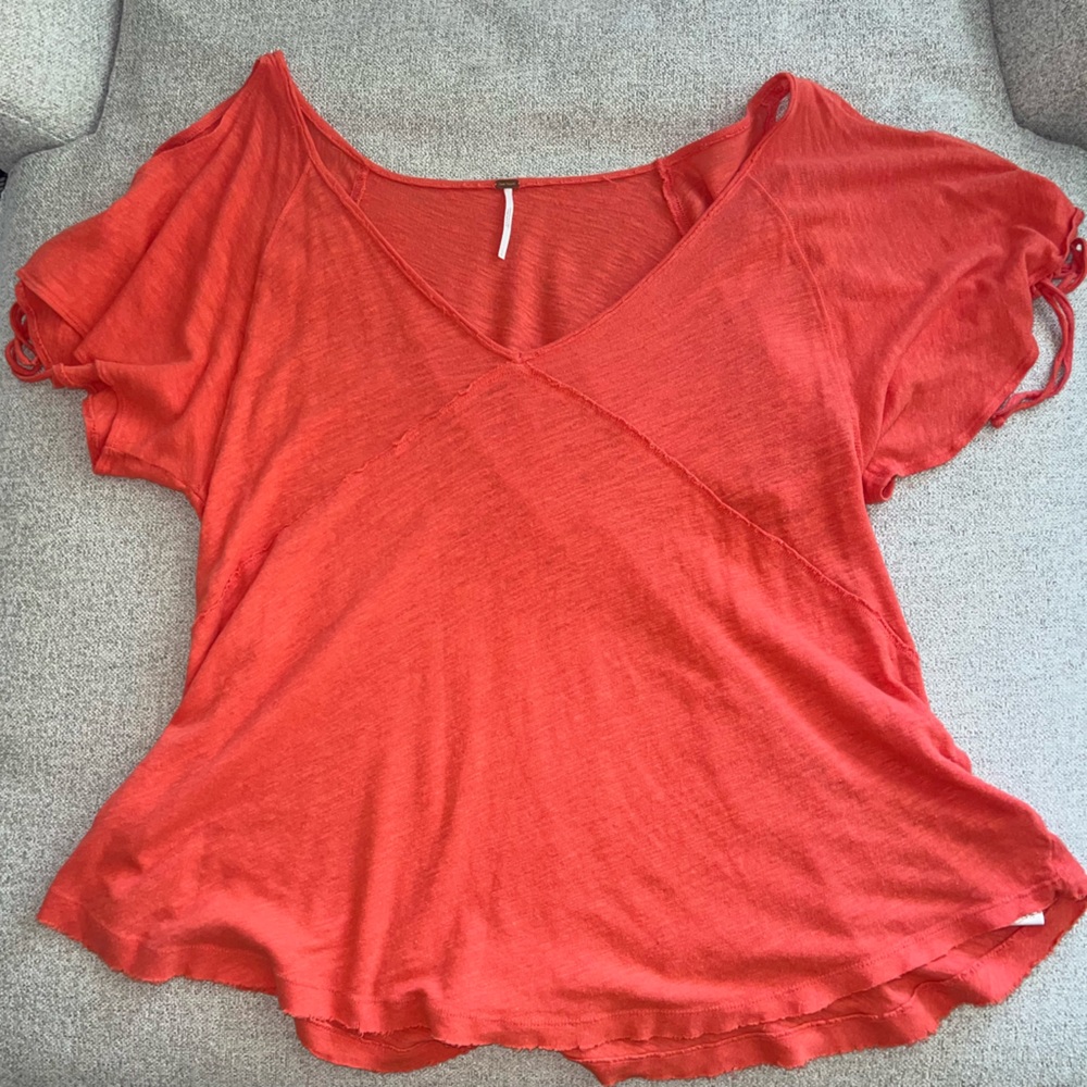 Free People Red Orange Flowy Top With Open Shoulders Size Large